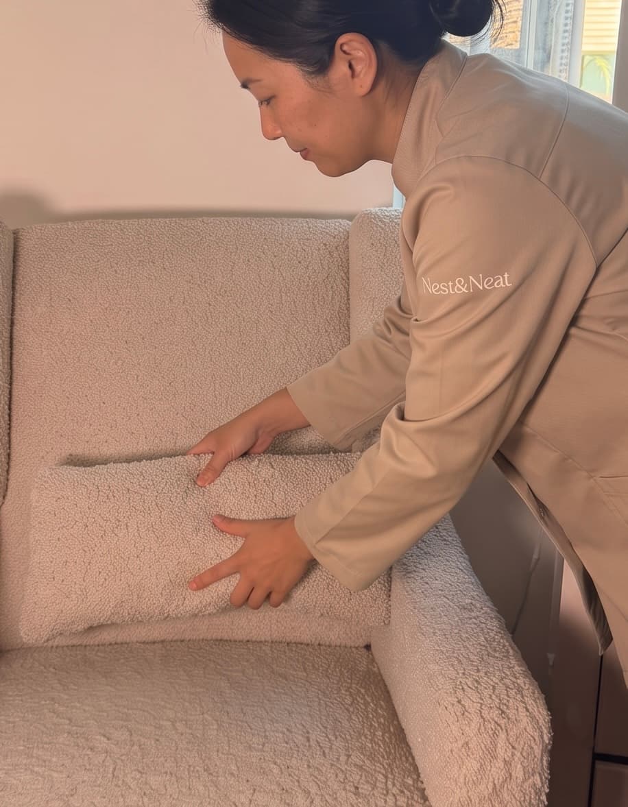 A Nest & Neat cleaner fluffing a cushion on a cream armchair